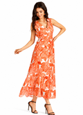 Women's Casual Orange Floral Print V Neck Shirred Ruffle Hem Maxi Tank Dress