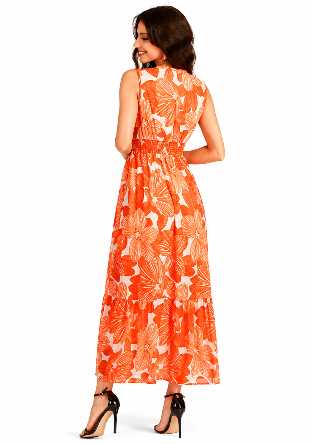 Women's Casual Orange Floral Print V Neck Shirred Ruffle Hem Maxi Tank Dress