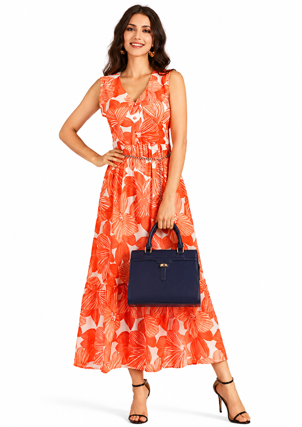 Women's Casual Orange Floral Print V Neck Shirred Ruffle Hem Maxi Tank Dress