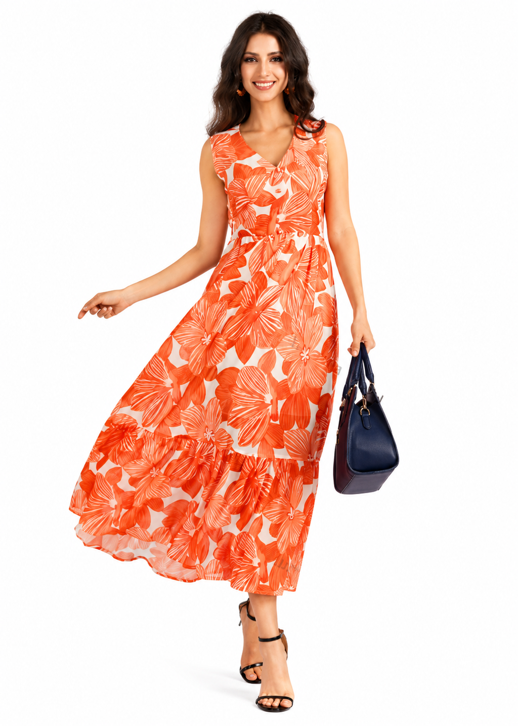 Women's Casual Orange Floral Print V Neck Shirred Ruffle Hem Maxi Tank Dress