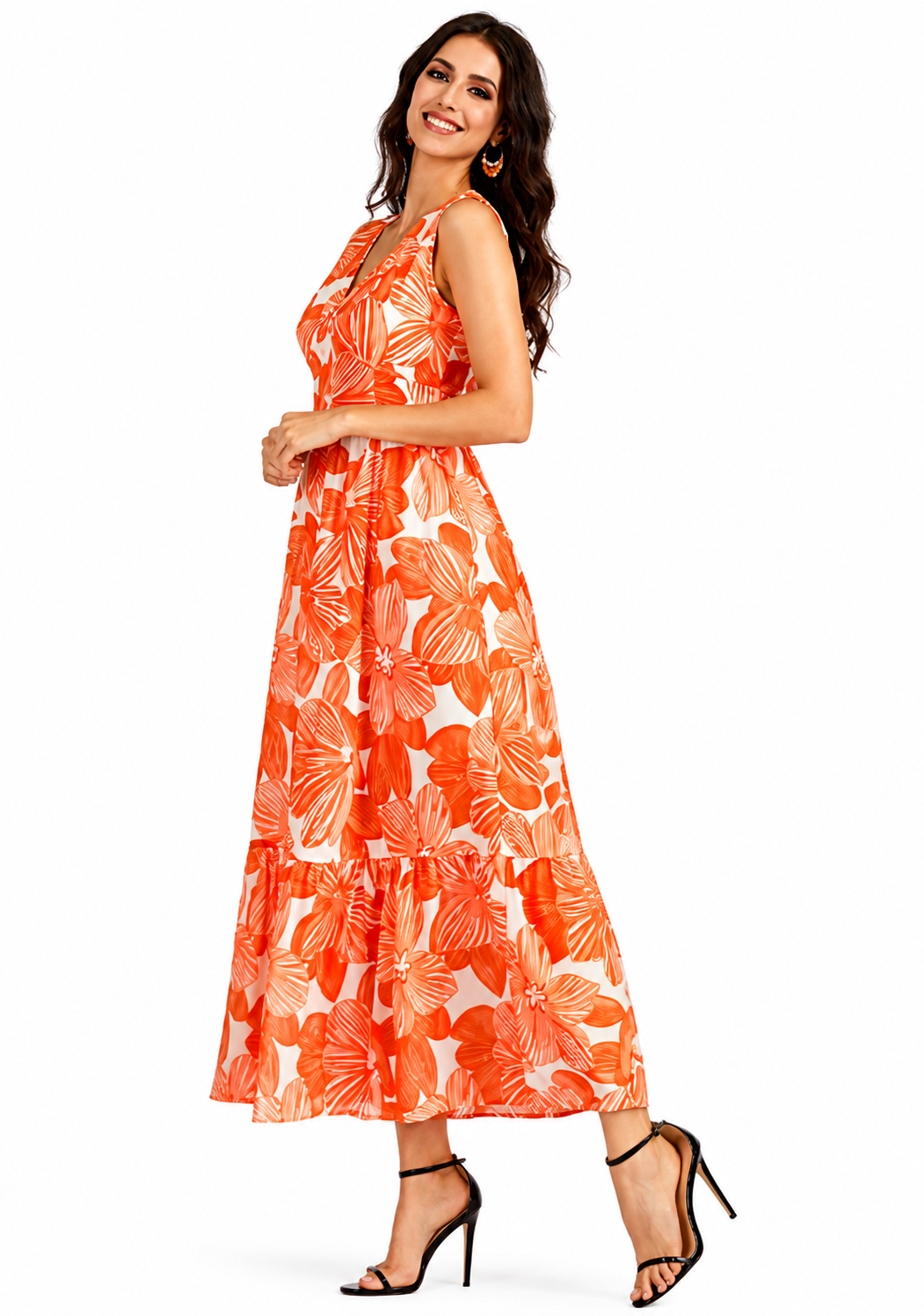 Women's Casual Orange Floral Print V Neck Shirred Ruffle Hem Maxi Tank Dress