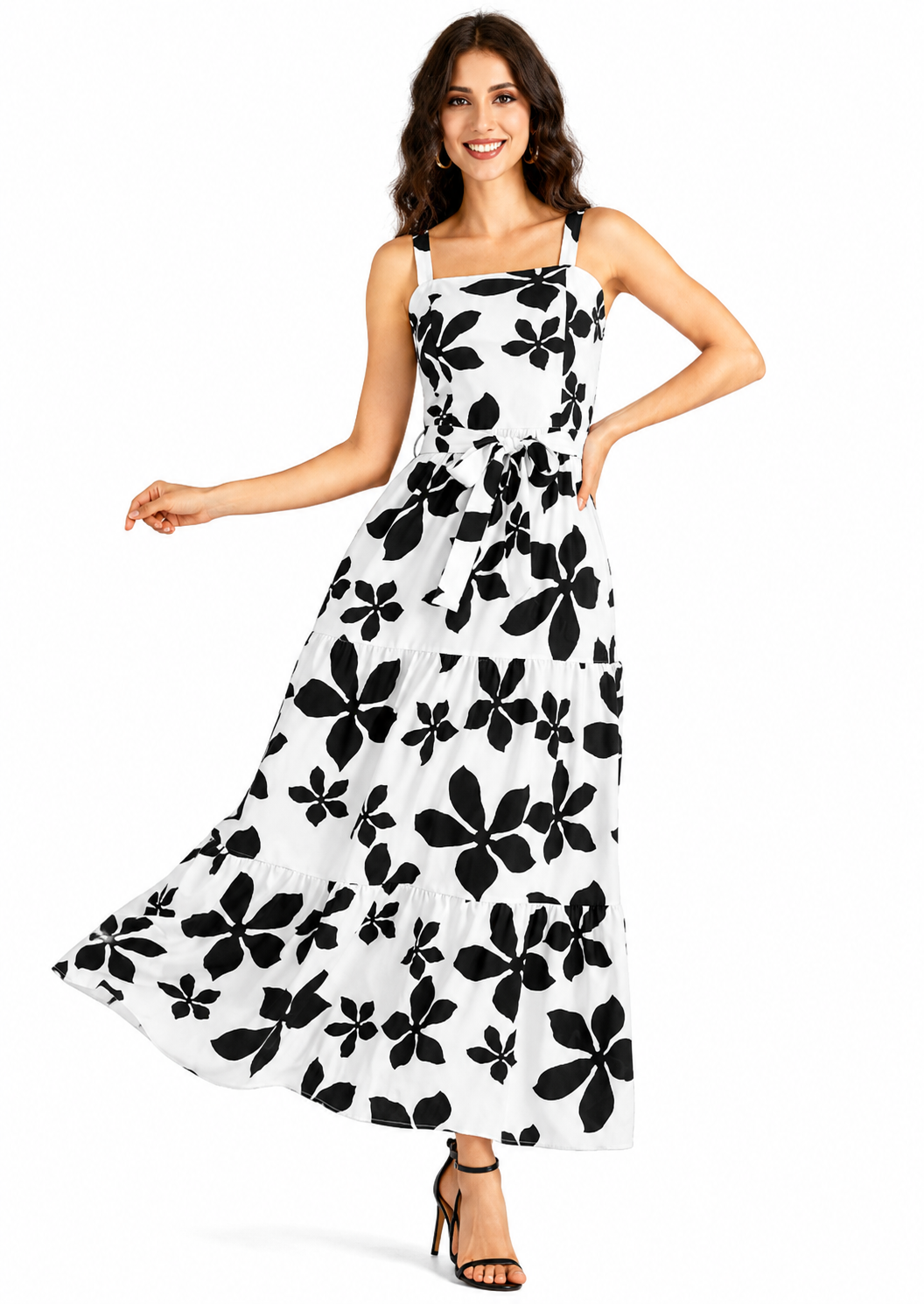 Women's Casual White Floral Print Square Neck Shirred Maxi Cami Dress With Belt
