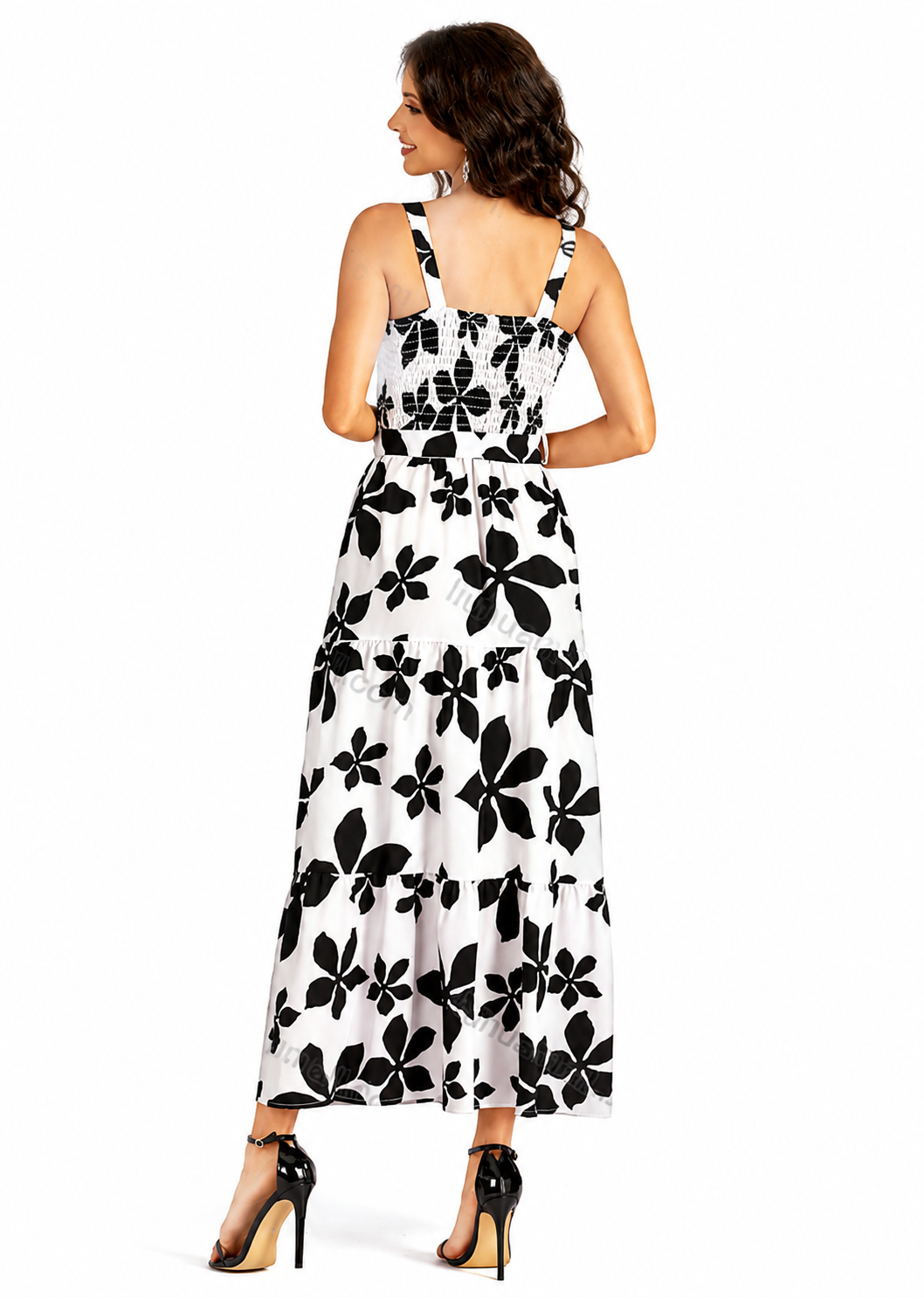 Women's Casual White Floral Print Square Neck Shirred Maxi Cami Dress With Belt