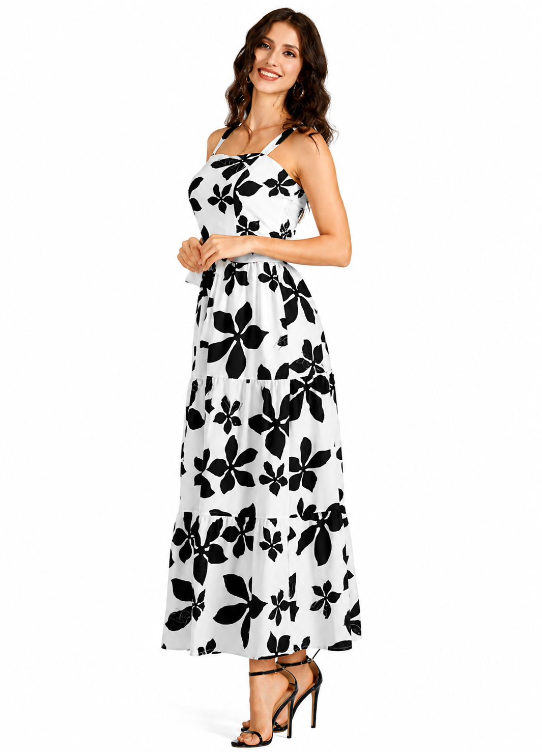 Women's Casual White Floral Print Square Neck Shirred Maxi Cami Dress With Belt