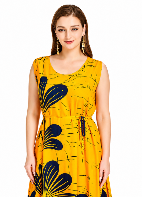 Women's Casual Yellow Floral Lace Up Scoop Neck Midi Tank Dress