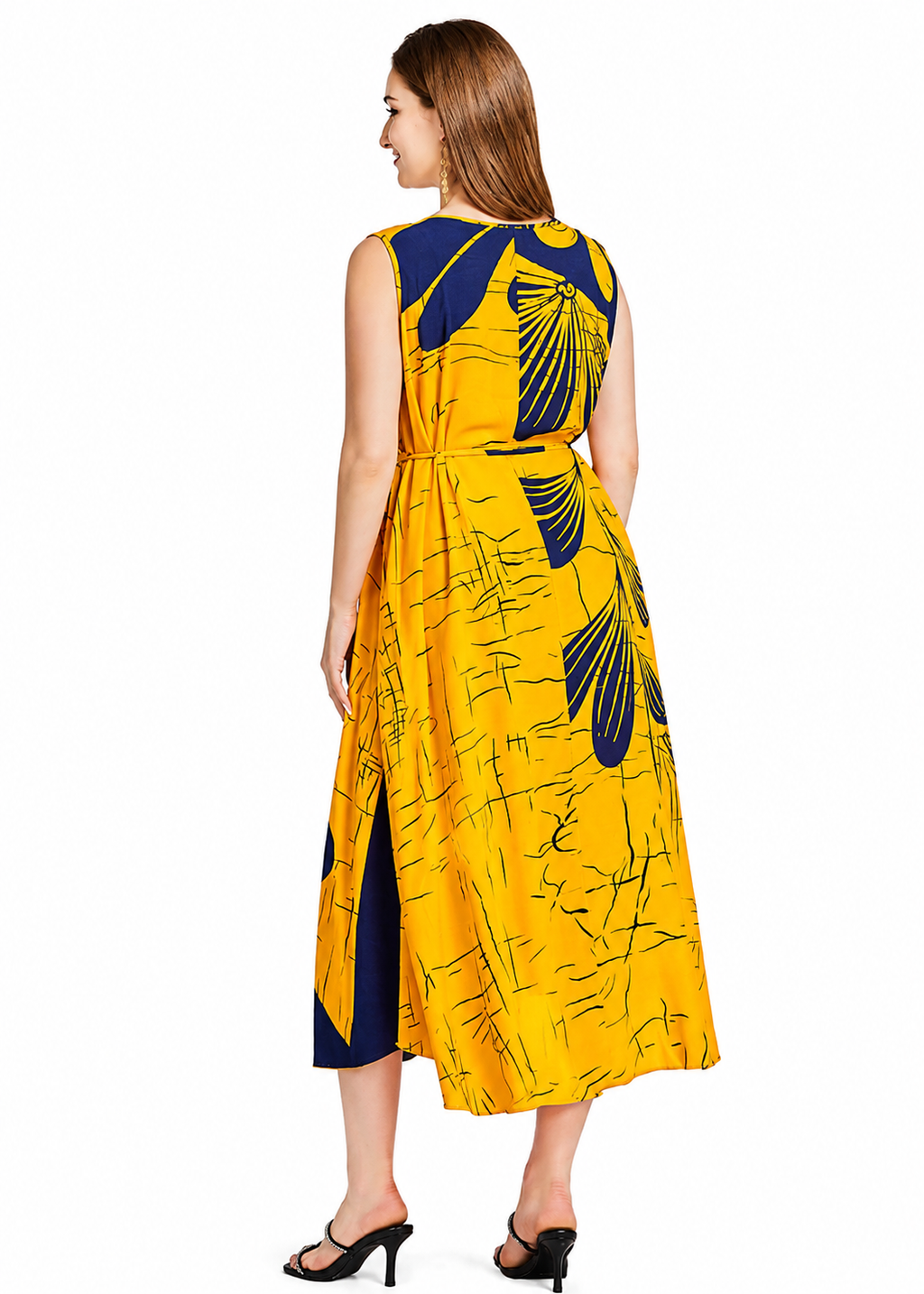 Women's Casual Yellow Floral Lace Up Scoop Neck Midi Tank Dress