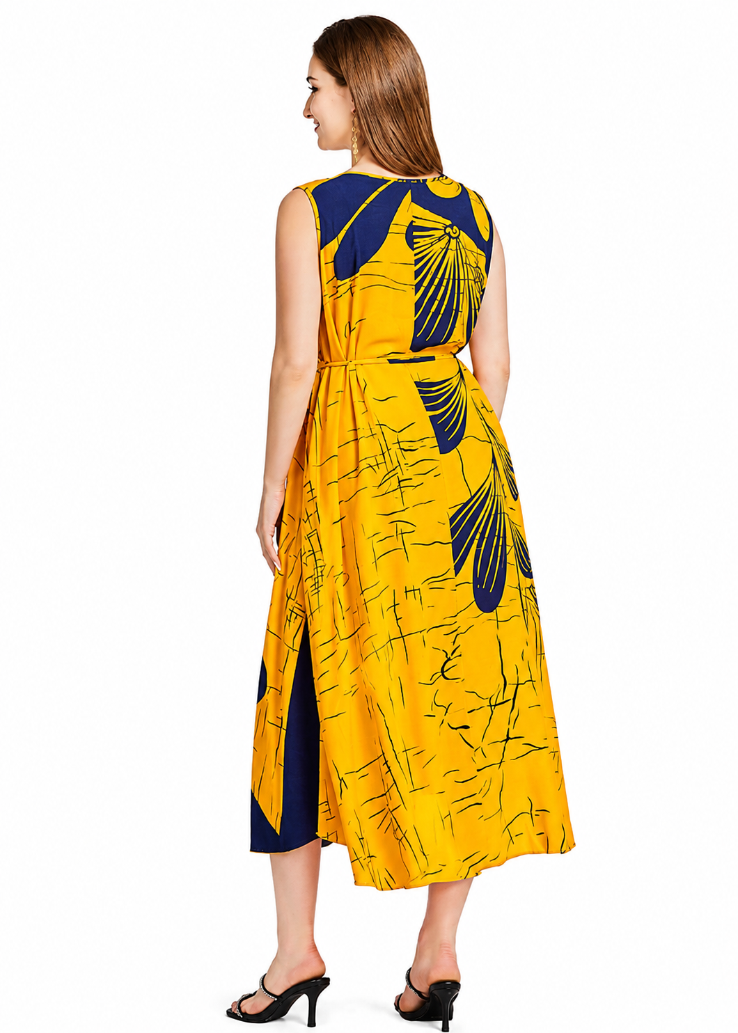 Women's Casual Yellow Floral Lace Up Scoop Neck Midi Tank Dress