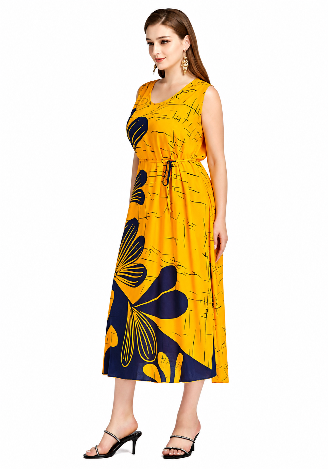 Women's Casual Yellow Floral Lace Up Scoop Neck Midi Tank Dress