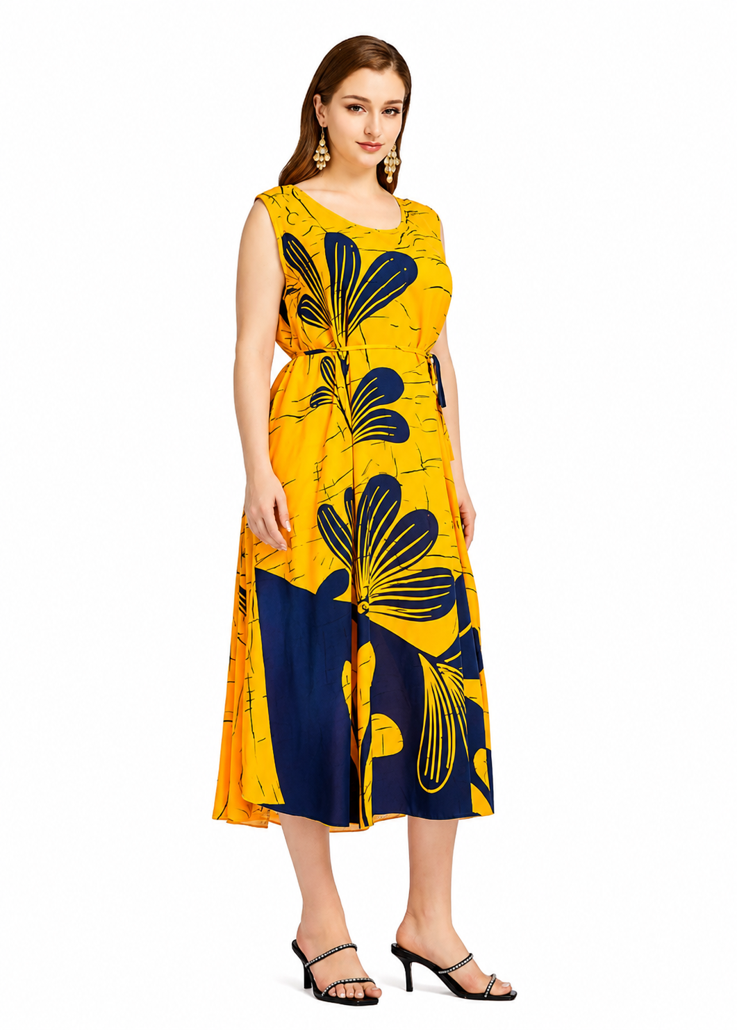 Women's Casual Yellow Floral Lace Up Scoop Neck Midi Tank Dress