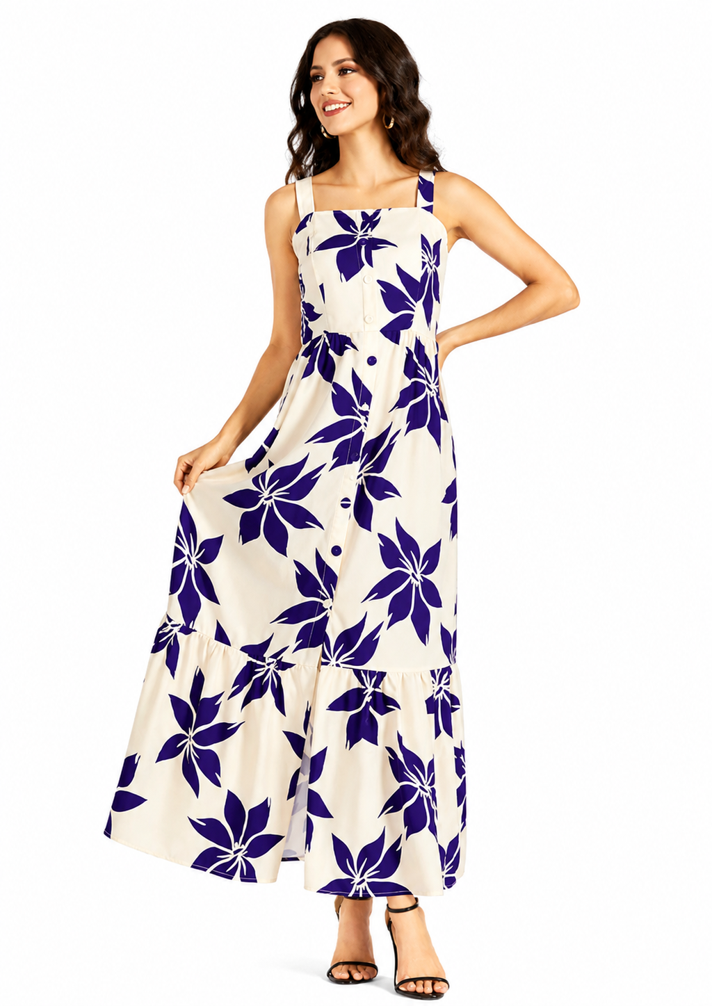 Women's Elegant Purple Floral Print Button Front Shirred Maxi Cami Dress