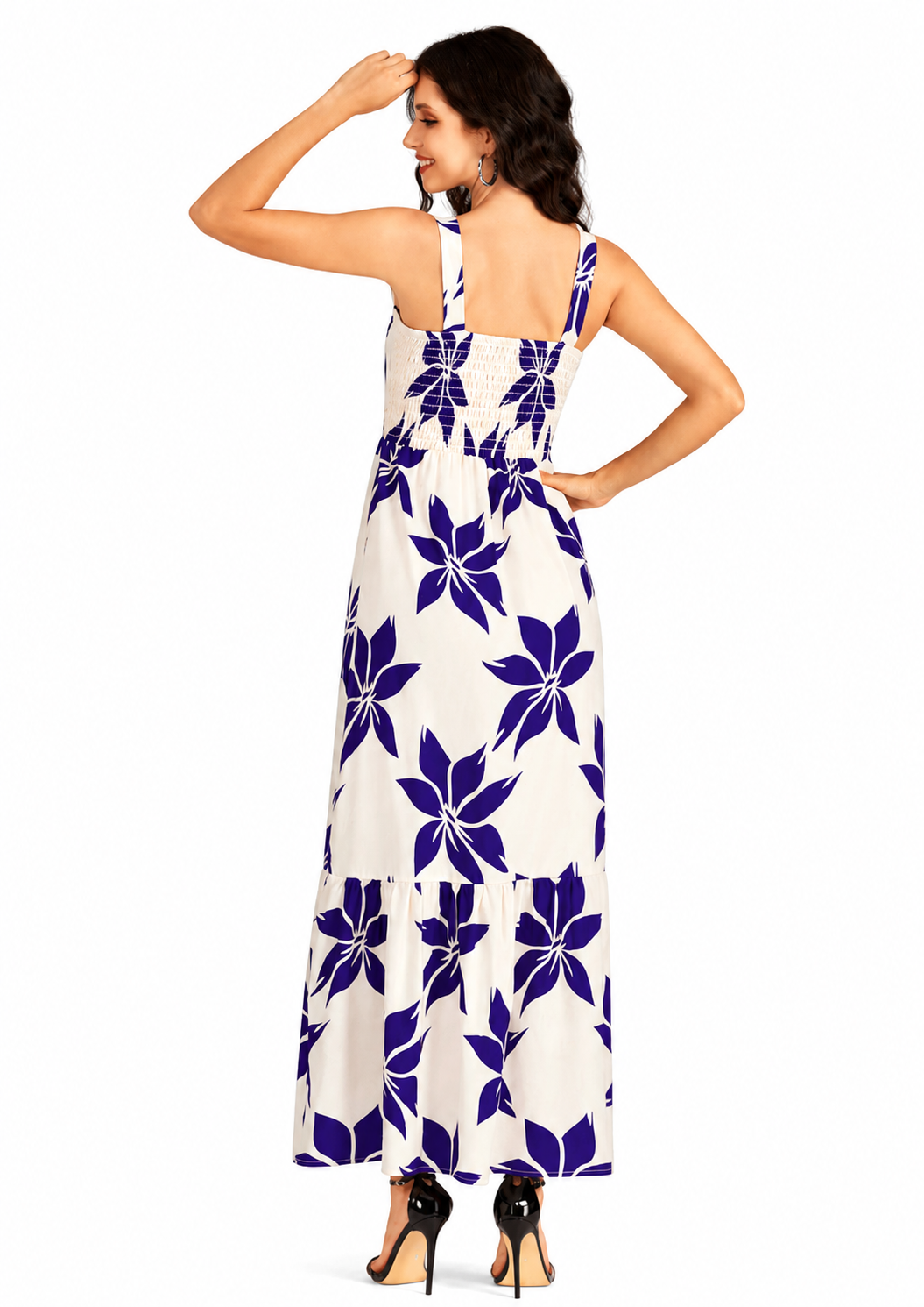 Women's Elegant Purple Floral Print Button Front Shirred Maxi Cami Dress