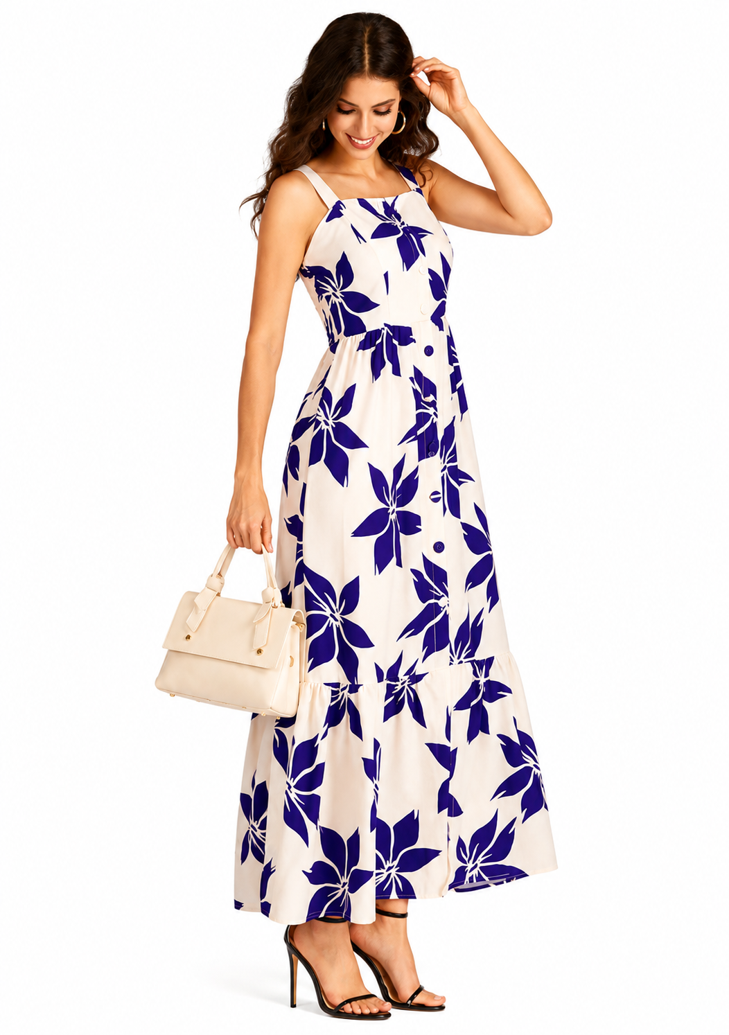 Women's Elegant Purple Floral Print Button Front Shirred Maxi Cami Dress
