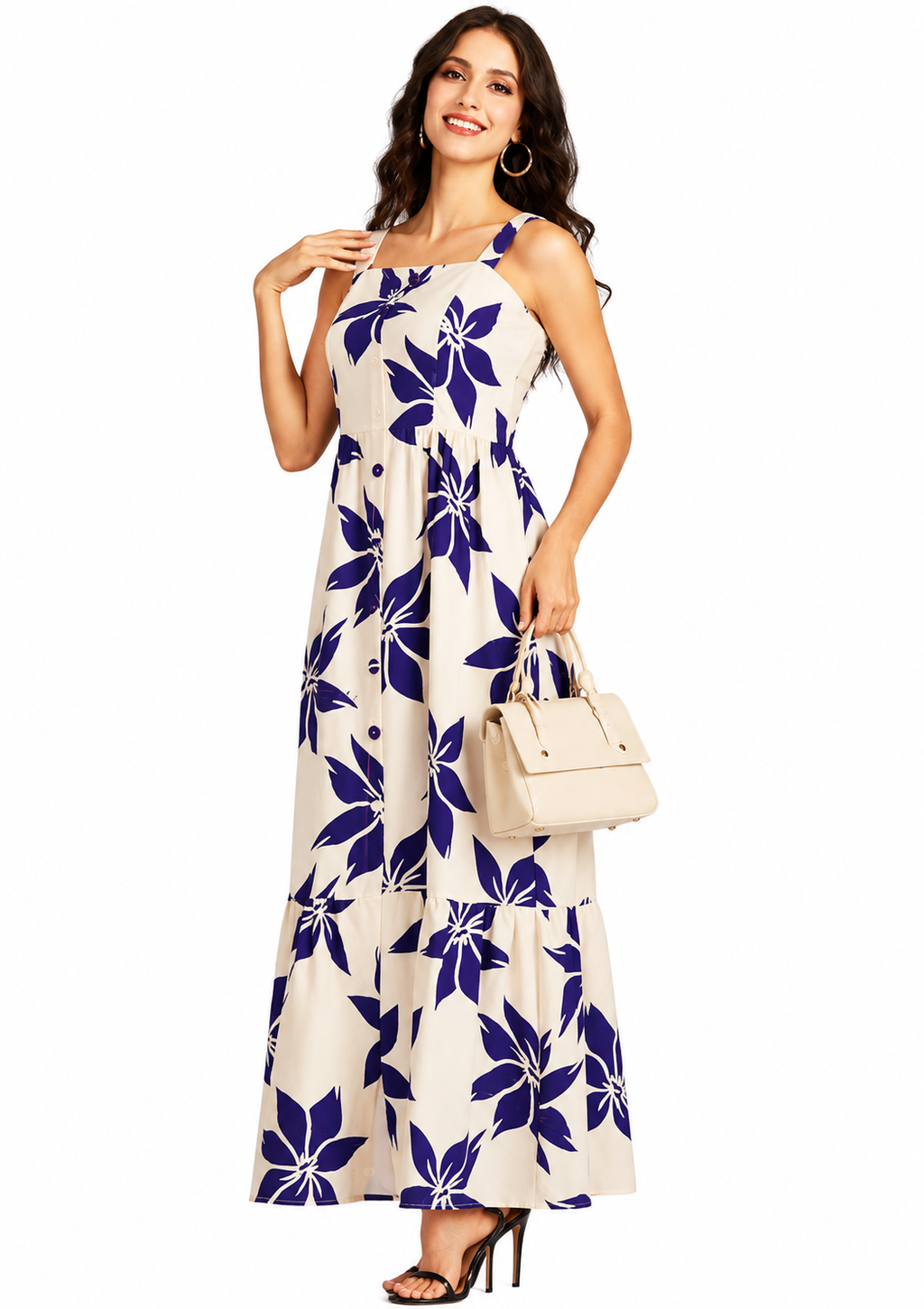 Women's Elegant Purple Floral Print Button Front Shirred Maxi Cami Dress