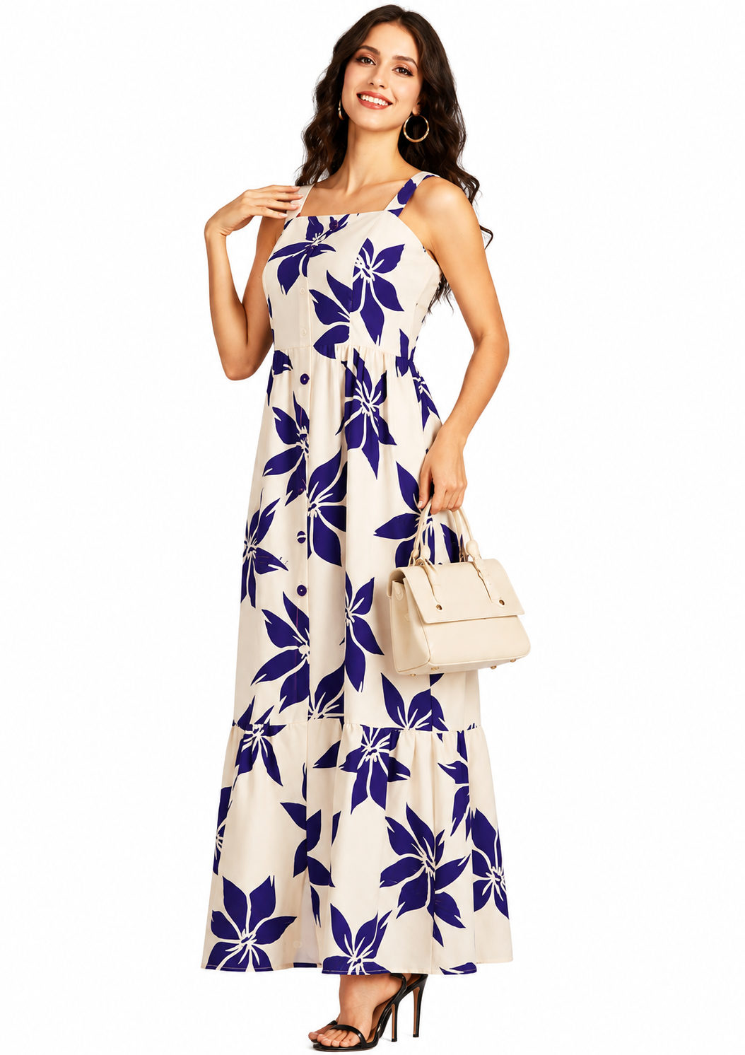 Women's Elegant Purple Floral Print Button Front Shirred Maxi Cami Dress