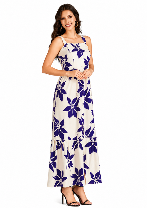 Women's Elegant Purple Floral Print Button Front Shirred Maxi Cami Dress